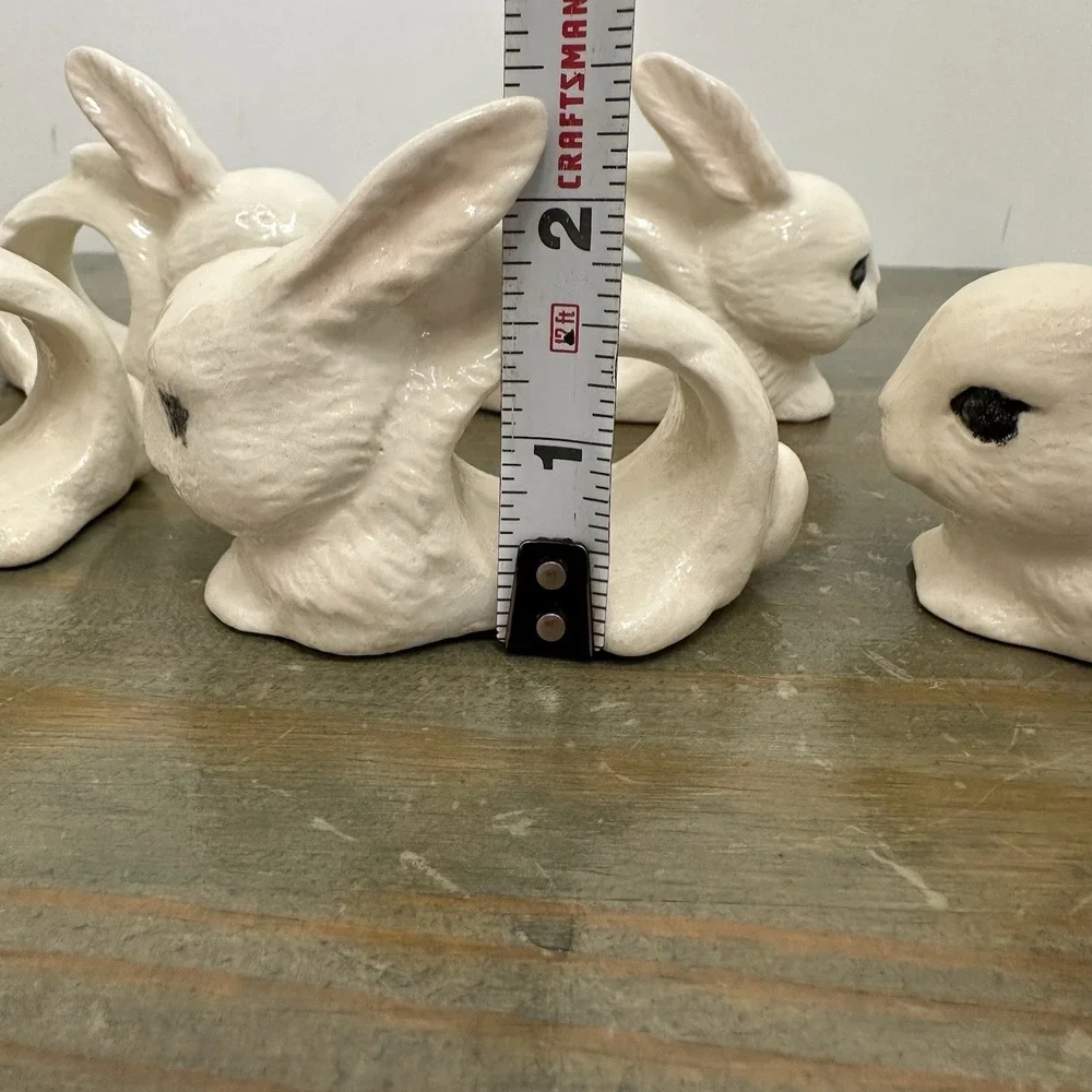 Set Of 6 Ceramic White Bunny Rabbit Napkin Ring Holders Handmade Easter Bunnies